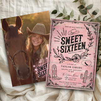 Invitation Rustique rose Sweet sixteen Floral occidental Phot