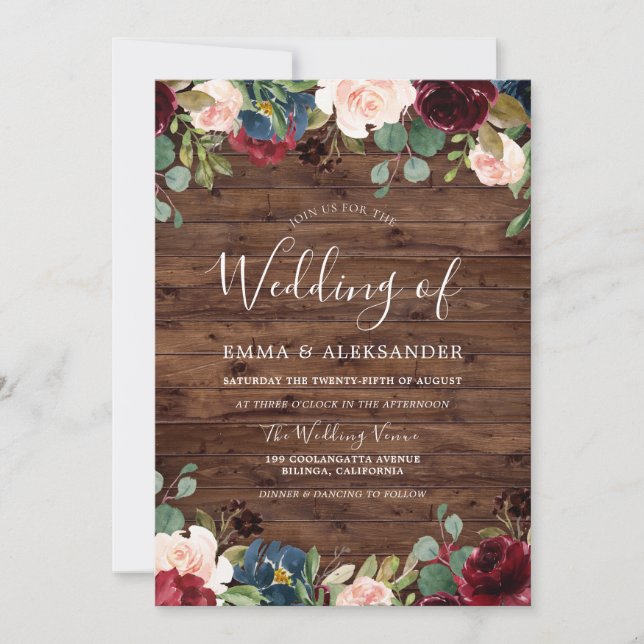 Invitation Rustique Rouge Floral Bois Bourgogne Mariage Invit (Devant)