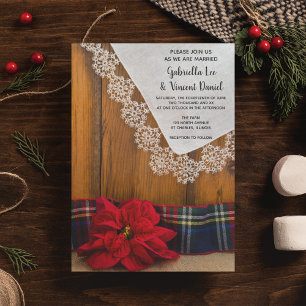 Invitation Rustique Rouge Poinsettia Plaid Winter Grange Mari