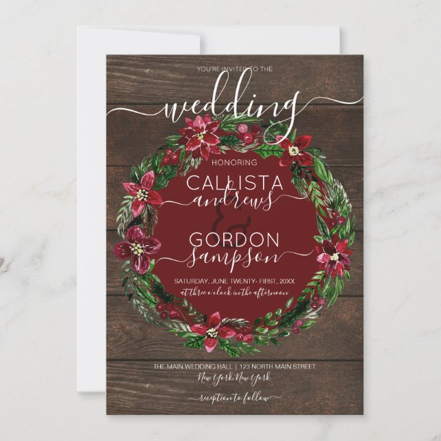 Invitation Rustique rouge vert Holly Floral Mariage en bois d (Devant)