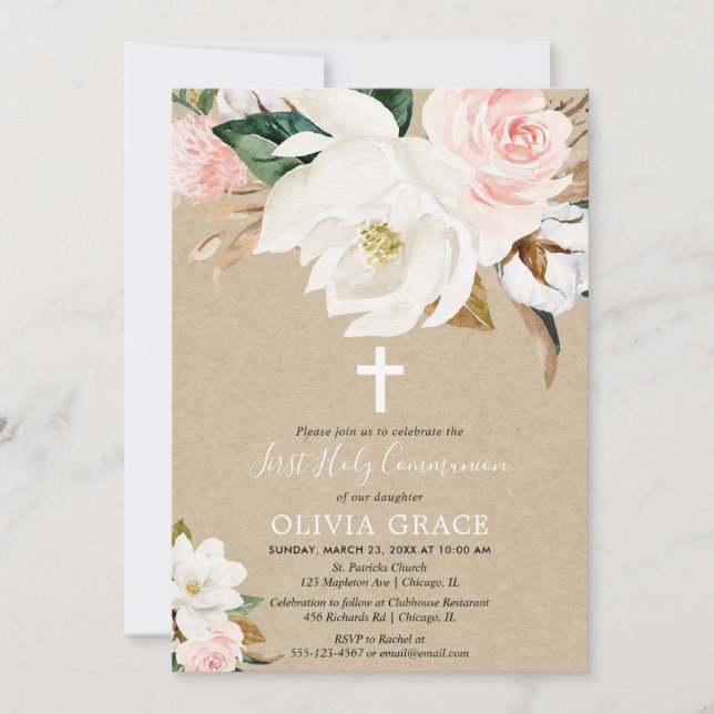 Invitation Rustique rougissent la sainte communion florale (Devant)