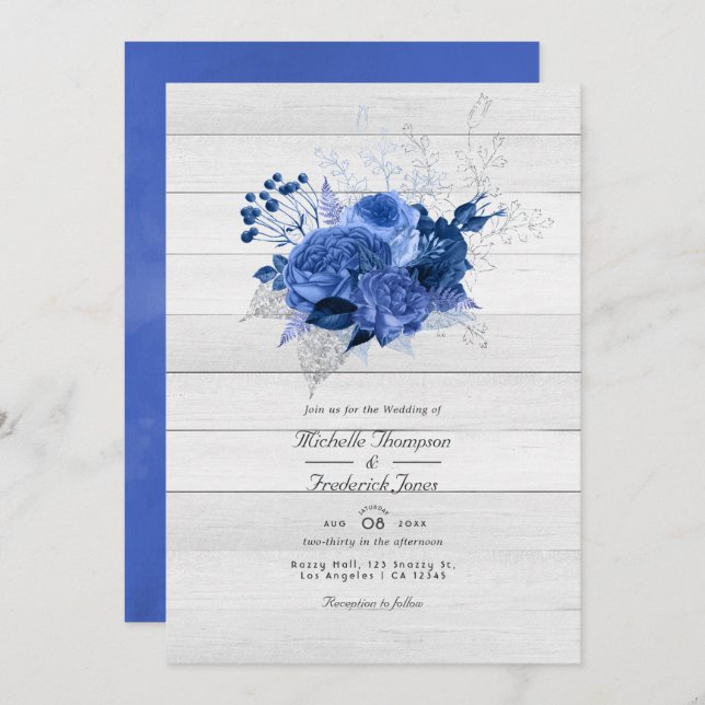 Invitation Rustique Royal Blue & Silver Floral QR Code Mariag (Devant / Derrière)