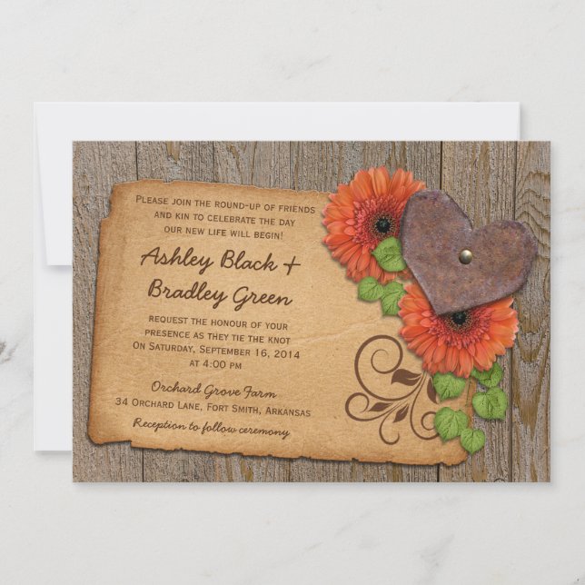 Invitation Rustique Rusty Heart Orange Daisy Mariage campagna (Devant)