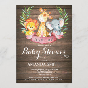 Invitation Rustique Safari Jungle Animaux Baby shower fille