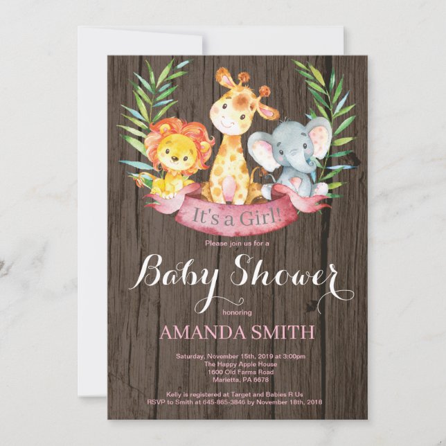 Invitation Rustique Safari Jungle Animaux Baby shower fille (Devant)