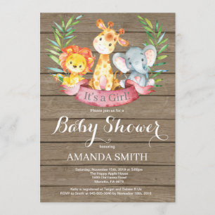 Invitation Rustique Safari Jungle Animaux Baby shower fille