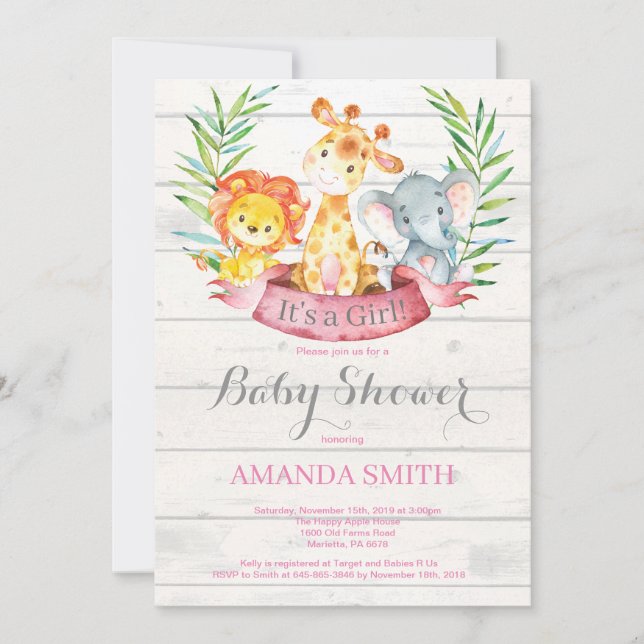 Invitation Rustique Safari Jungle Animaux Baby shower fille (Devant)