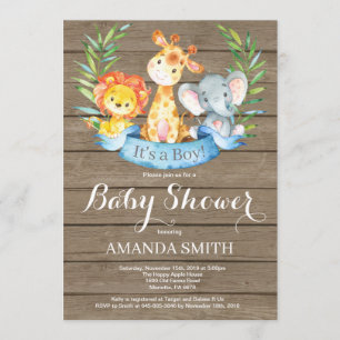 Invitation Rustique Safari Jungle Animaux Baby shower garçon