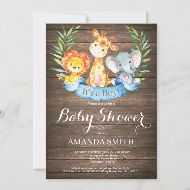 Invitation Rustique Safari Jungle Animaux Baby shower garçon (Devant)