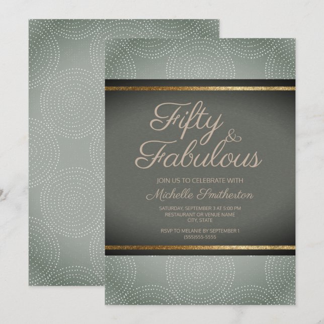 Invitation Rustique Sage Vert foncé Or Abstrait 50e anniversa (Devant / Derrière)