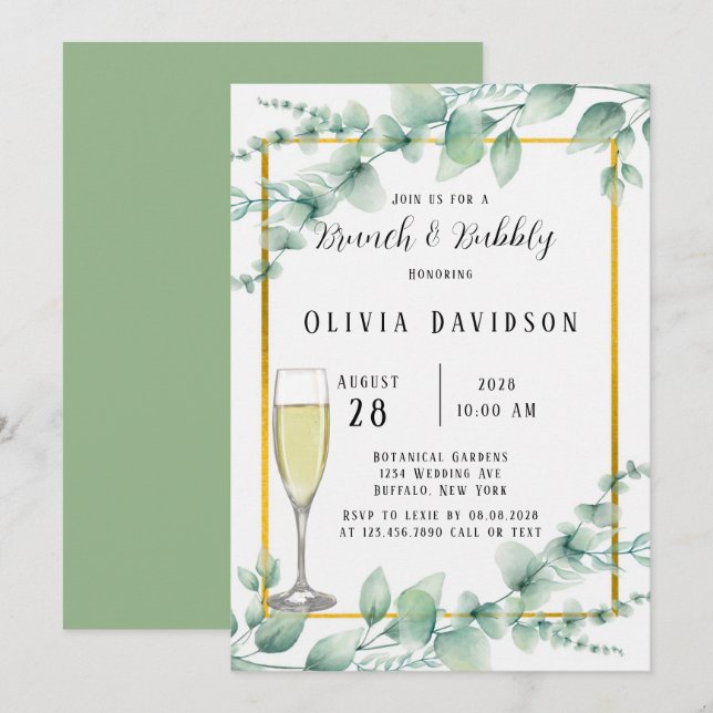 Invitation Rustique Sage Vert verdure Or Brunch & Bubbly (Devant / Derrière)
