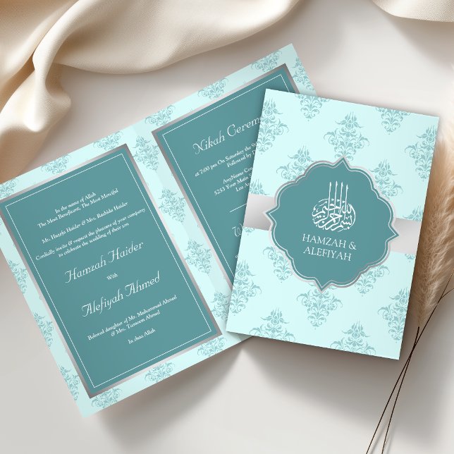 Invitation Rustique Silver Pastel Turquoise Damask Mariage mu (Créateur téléchargé)
