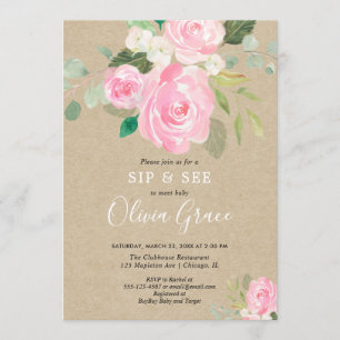 Invitation Rustique Sip et voir floral aquarelles rose pâle