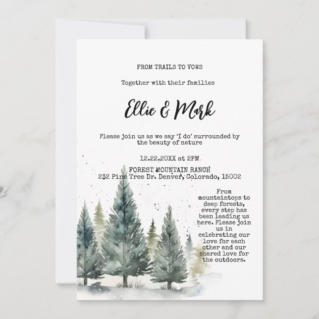 Invitation Rustique Snowy Pine Tree Forêt OutdoorsMariage (Devant)