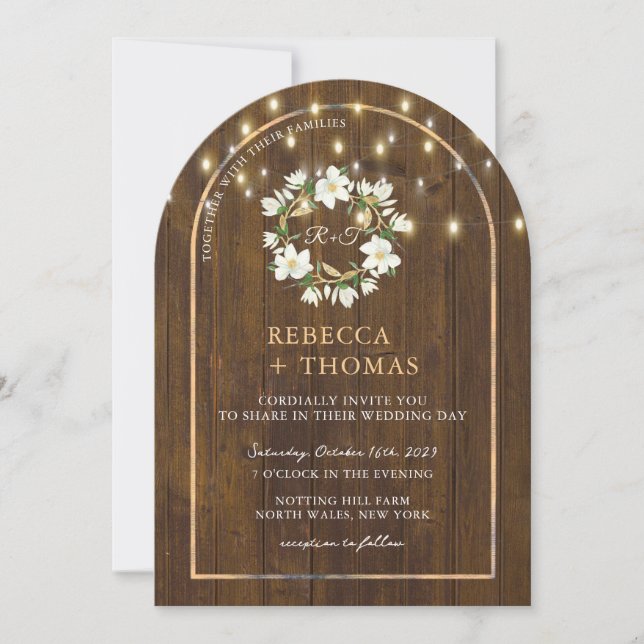 Invitation Rustique String éclaire Gold Arch Magnolia Mariage (Devant)