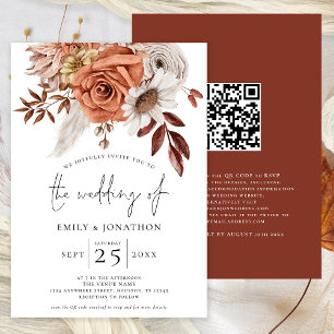 Invitation Rustique Terracotta Automne Florals QR Code Mariag