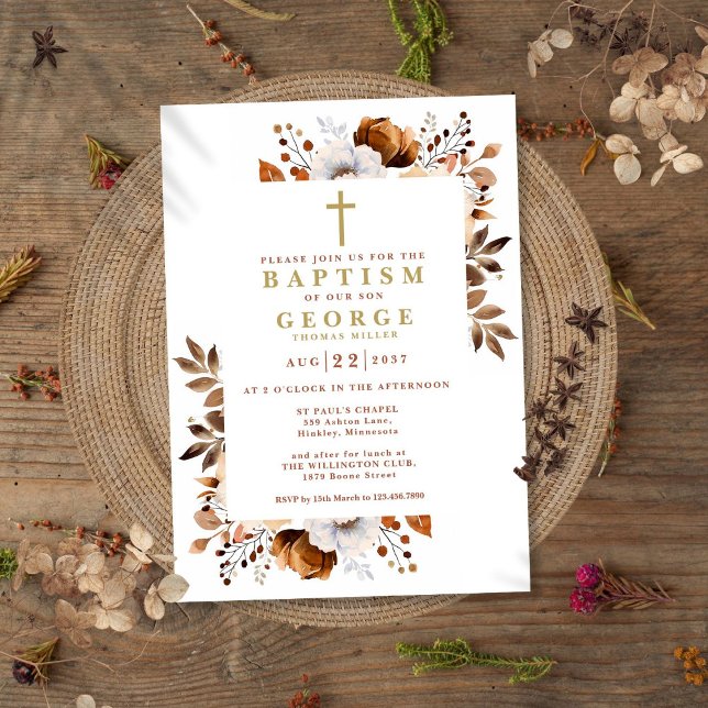 Invitation Rustique Terracotta Boho Floral Moderne Baptême (Rustic Terracotta Boho Floral Modern Baptism Invitation)