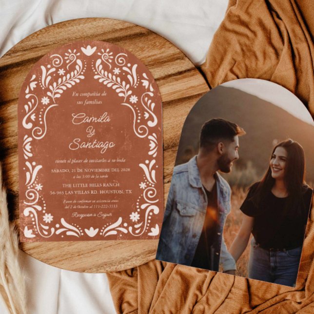 Invitation Rustique Terracotta espagnol Photo Arch Mariage (Terracotta Talavera Mexican Arch Photo Wedding Invitation)
