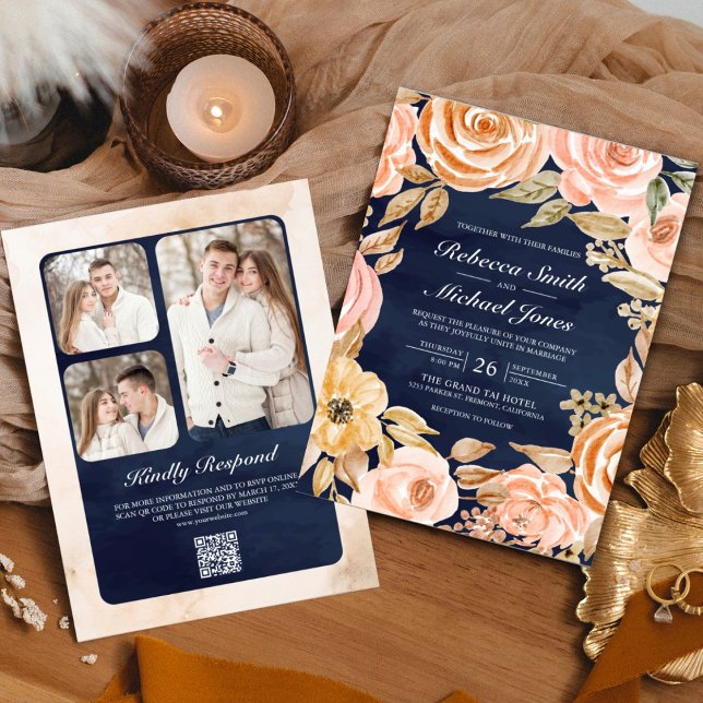 Invitation Rustique Terreux Floral Photo Code QR Navy Mariage (Créateur téléchargé)
