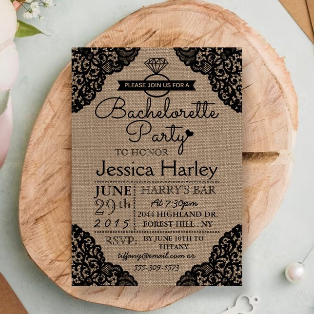 Invitation Rustique Toile de Jute et Dentelle Noire Enterreme (Créateur téléchargé)