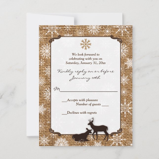 Invitation Rustique Toile de Jute, Flocons de Neige et Cerfs  (Devant)