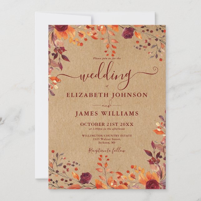 Invitation Rustique Tout en un automne automne Mariage floral (Devant)