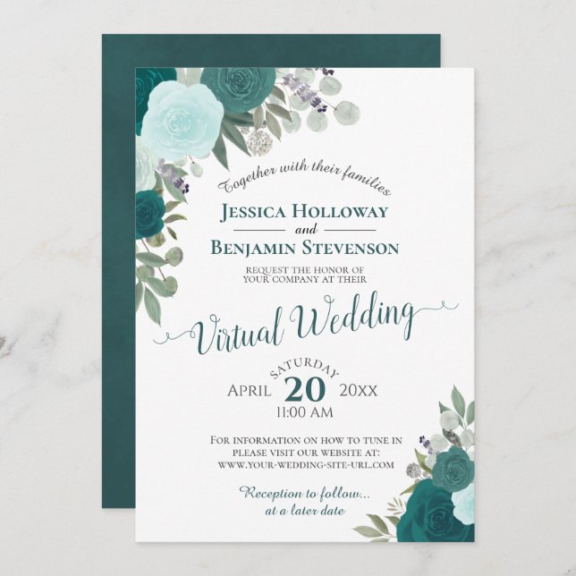 Invitation Rustique Turquoise aquarelle Floral Mariage virtue (Devant / Derrière)