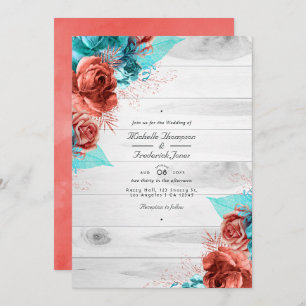 Invitation Rustique Turquoise et Coral Floral QR Code Mariage
