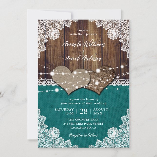 Invitation Rustique Turquoise Grange Bois Burlap Mariage dent (Devant)