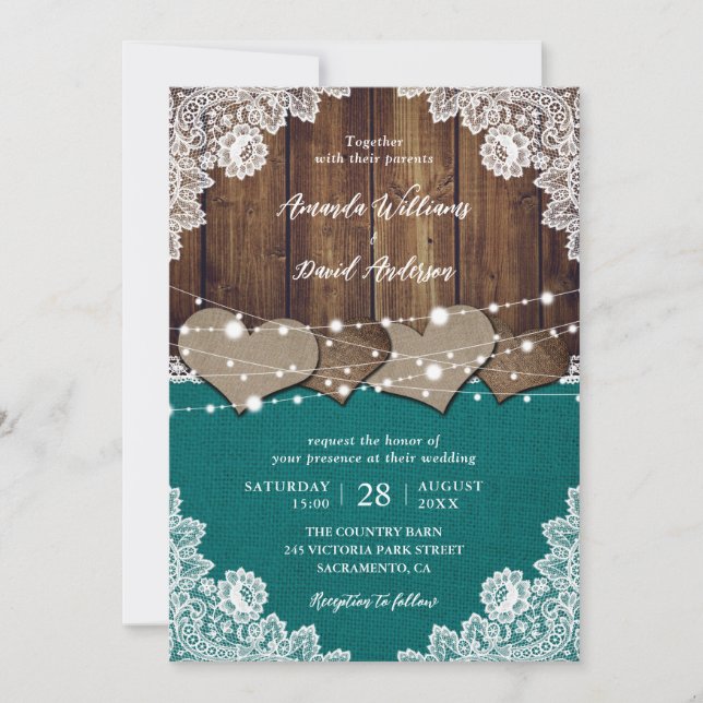 Invitation Rustique Turquoise Grange Bois Burlap Mariage dent (Devant)
