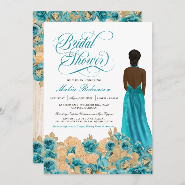 Invitation Rustique Turquoise or Rose & Elegant Gown Fête des (Devant / Derrière)