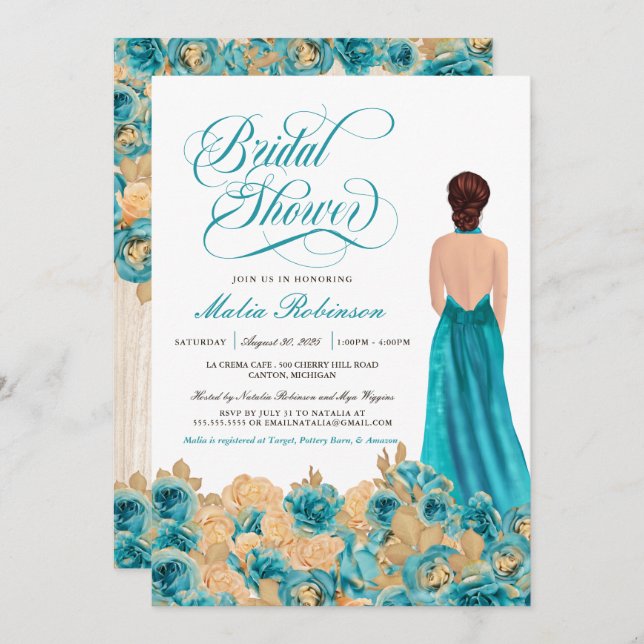 Invitation Rustique Turquoise or Rose & Elegant Gown Fête des (Devant / Derrière)