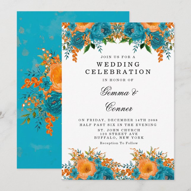 Invitation Rustique Turquoise Orange Aquarelle Mariage Floral (Devant / Derrière)
