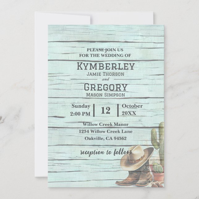 Invitation Rustique Turquoise Pays Western Boots Casquette (Devant)