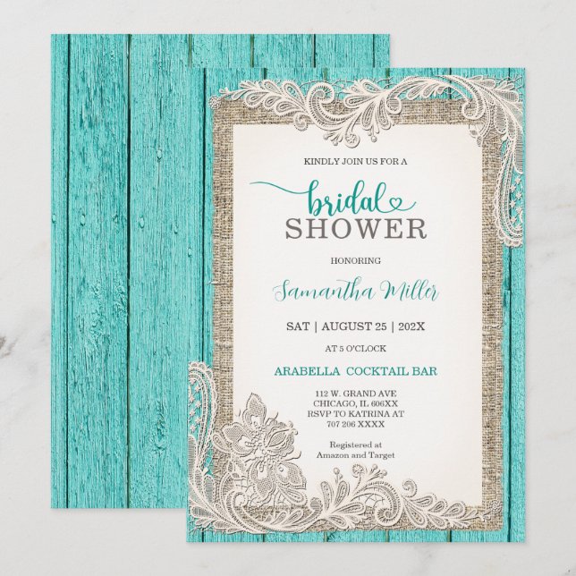 Invitation Rustique Turquoise pour une Baby Shower (Devant / Derrière)