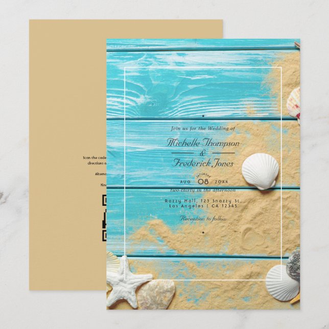 Invitation Rustique Turquoise QR Code RSVP Beach Wedding (Devant / Derrière)