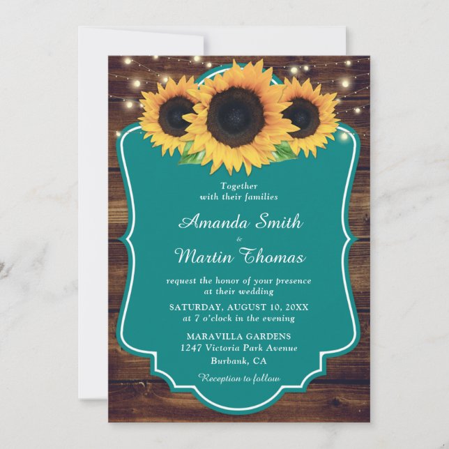 Invitation Rustique Turquoise Tournesol Mariage (Devant)