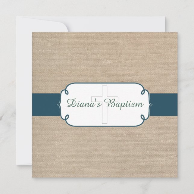 Invitation Rustique Turquoise Vert Beige Burlap Baptême Invit (Devant)