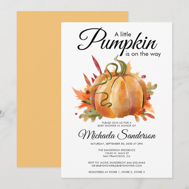 Invitation Rustique Un Baby shower Automne Un Peu Citrouille (Devant / Derrière)