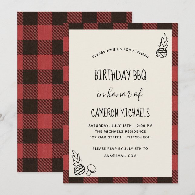 Invitation Rustique Vega Birthday BBQ Red Plaid (Devant / Derrière)