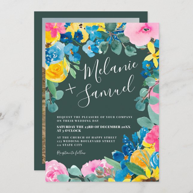 Invitation Rustique vert audacieux mariage photo floral été (Devant / Derrière)