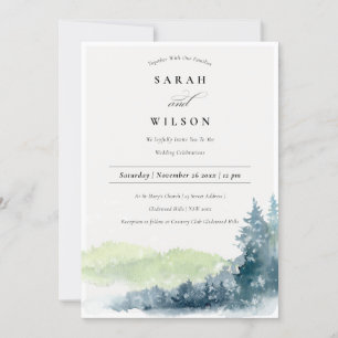 Invitation Rustique Vert Blue Pine Montagnes de neige Mariage