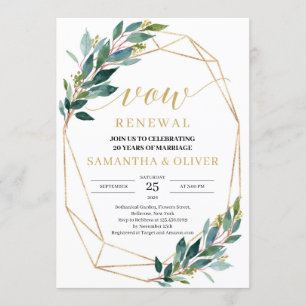Invitation Rustique vert eucalyptus or cadre voeu renouvellem