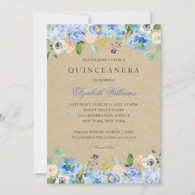 Invitation rustique vintage bleue pour Quinceanera (Devant)