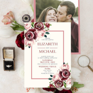 Invitation Rustique Vintage Bourgogne Blush Floral Photo Mari