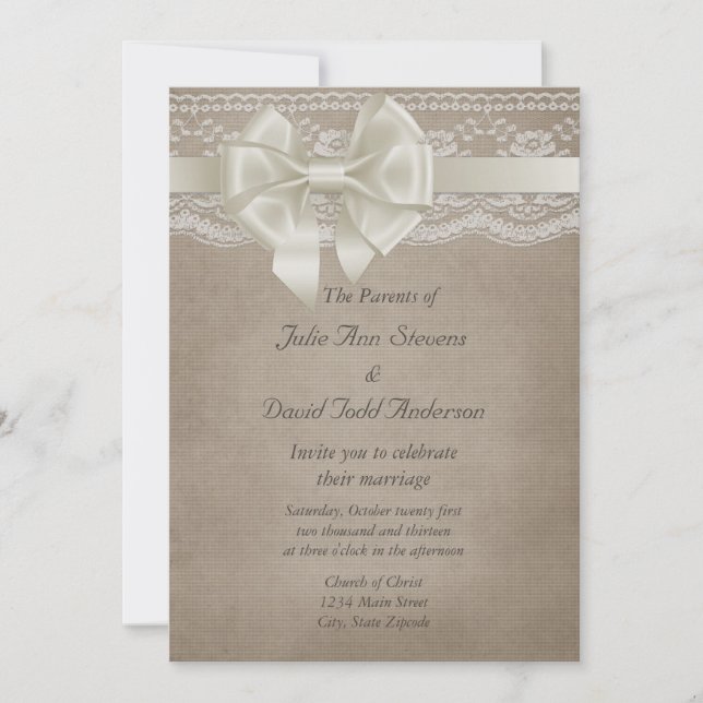 Invitation Rustique Vintage Burlap & Lace Mariage (Devant)