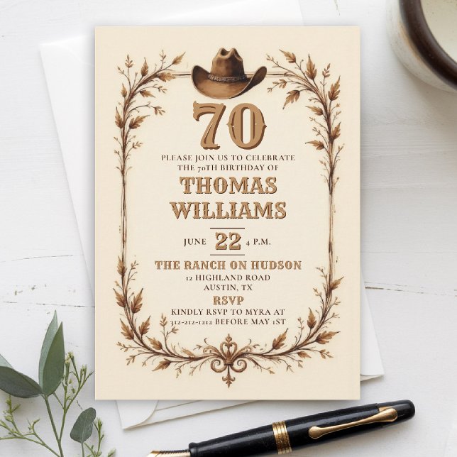 Invitation Rustique Vintage Cow-boy Occidental Feuille 70e An (cowboy birthday invitation men 70th rustic vintage country western leaf brown husband dad grandpa)