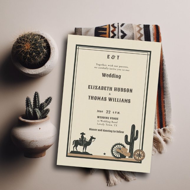Invitation Rustique Vintage Cowboy Mariage Élégant Pays (rustic vintage cowboy wedding invitation country western elegant frame horse hat cactus illustration)
