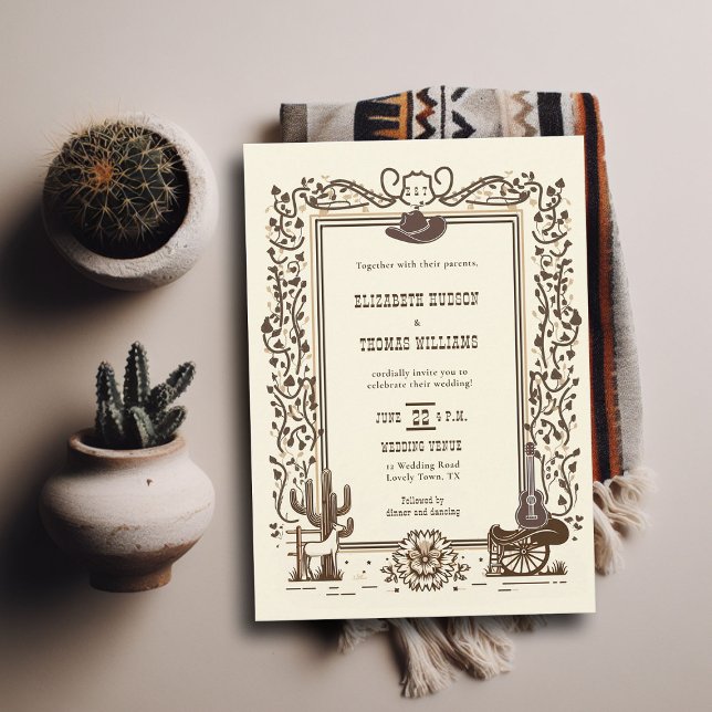 Invitation Rustique Vintage Cowboy Mariage Western Botanique (rustic vintage cowboy wedding invitation country western frame horse cowboy horse botanical monogram)