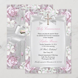 Invitation Rustique Vintage Floral Première Communion Rose 2